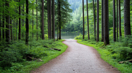 Fototapeta premium Serene forest path leads to tranquil lake, surrounded by lush greenery and tall trees