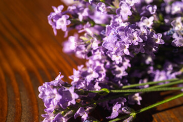 Macro shot of a fresh lavender bouquet on a rustic wooden background in warm sunlight. Aromatherapy, spa, and wellness concept with copy space