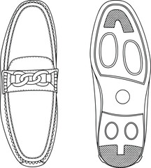 Classic loafer top and sole view cad drawing, elegant men's shoe technical sketch, leather footwear vector, flat design illustration
