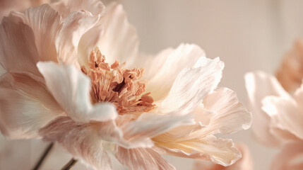 Obraz premium A stunning macro shot of a blooming peony, showcasing its delicate peach petals and soft texture.
