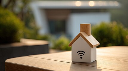 Small model house with wifi symbol on wooden table outdoors.