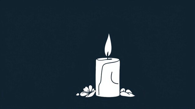Minimalistische Illustration einer brennenden Kerze mit Blumenakzenten auf dunkelblauem Hintergrund, Symbol f&uuml;r Trauer und Gedenken