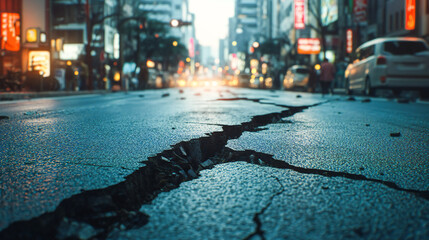 Obraz premium In a busy city street, there is a road with a long crack, depicting the effects of an earthquake. The background appears blurry