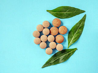 Brown herbal pill tablet on blue background