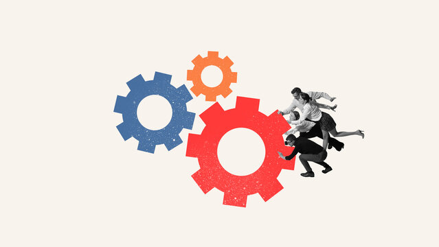 Collage of business people pushing colorful gears in teamwork. Concept of collaboration, teamwork, SaaS platforms, workflow coordination, and digital transformation.