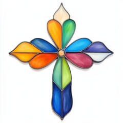 Colorful Stained Glass Flower Cross on White Background