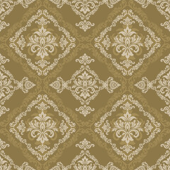 Elegant brown damask design with diamond-shaped floral motifs. Ideal for luxury wallpapers, textile prints, vintage-style packaging, and ornate decorations.