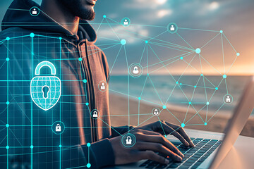 Photo of a man is typing on a laptop with a security shield