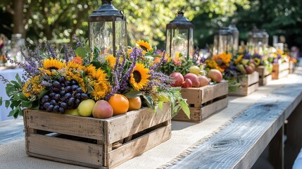 Wooden crates filled with sunflowers, fruit, and lanterns decorate a rustic table. Use this image for event decoration, party, or autumn themed designs.