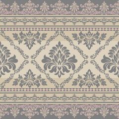Horizontal ornamental damask in soft grey and lavender tones, featuring repeating floral elements and vintage elegance. Great for textile, packaging, and luxury design.