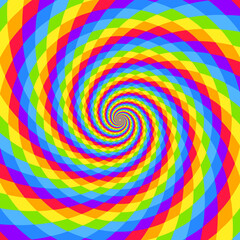Spiral rainbow swirl background, optical illusion of movement, vector illustration opt art style, colorful abstract geometric, multicolored psychedelic background