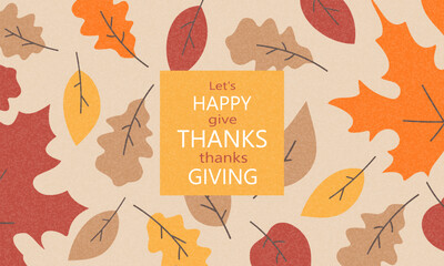 Thanksgiving horizontal card cover or poster in modern style with colorful autumn leaves. Fall season, hand drawn template for sale, holiday decoration.