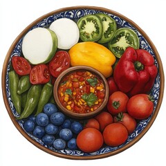 Colorful Still Life of Fresh Produce and Salsa on Decorative Plate