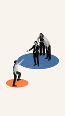 Creative artwork of team welcoming new member stepping onto platform. Concept of onboarding, team...