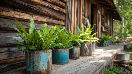 Green plants in upcycled pots in front of a simple wooden cabin