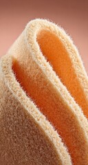 Folded peach fabric shows texture and layers against a soft peach background, highlighting the fabric's soft pile and subtle curves