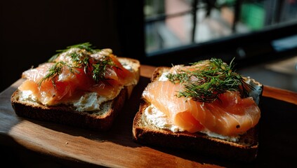 Two toasts with smoked salmon, cream cheese, and dill, served on a wood board near a window in the soft light