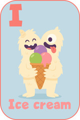 Letter I, Two-headed monster with colorful ice cream cone for children’s alphabet flashcard
