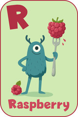 Letter R,  Confident blue monster holding big raspberry on a fork for kids flashcard in cartoon flat style