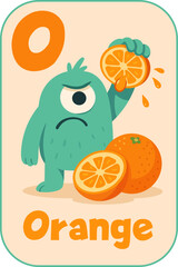 Letter O, Grumpy green monster squeezing orange juice for kids flashcard in cartoon flat style