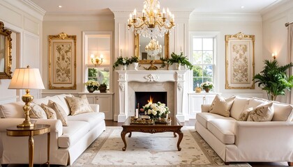 Luxurious cream-colored living room with fireplace