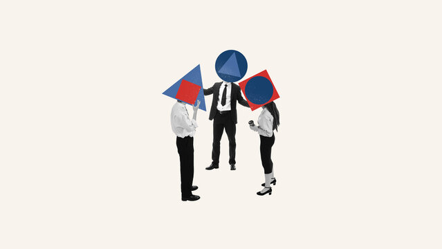 Surreal collage of business people with geometric shapes for heads discussing together. Concept of diversity in thinking, teamwork, design facilitation, HR communication, strategy.