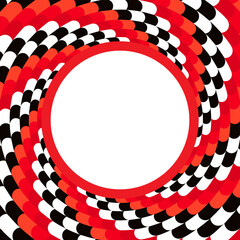 Speed racing checkered flag, spiral hypnotic swirl background, optical illusion movement, vector illustration opt art style, abstract geometric, psychedelic vortex background, black red white colors