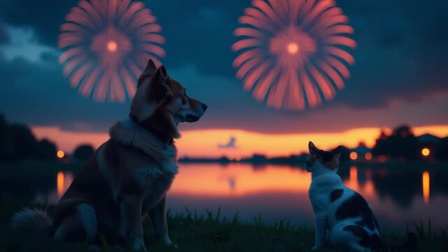 A curious dog and a playful cat sit together, fascinated by the colorful display of fireworks
