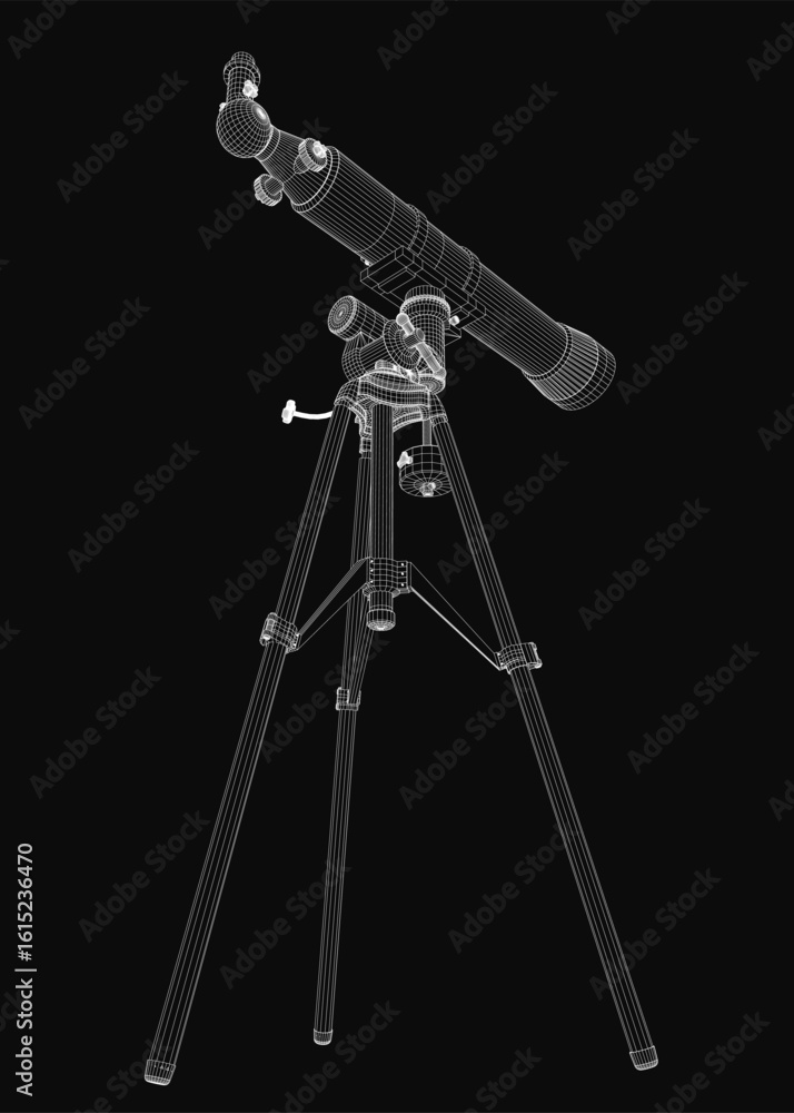 Aufkleber a 3d model of a telescope mounted on a tripod stands against a black background. the wireframe desig