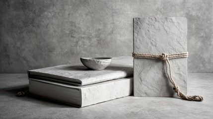 Stone books and a bowl create a minimalistic, textured composition in shades of gray.