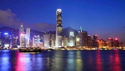 Fototapeta premium Hong Kong skyline at night displaying illuminated skyscrapers and urban landscape