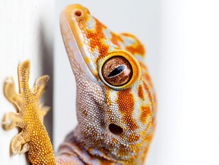 Close-up of a gecko with bright orange and yellow colors climbing a white wall.
