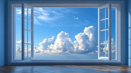 Wide window view of a bright blue sky with clouds