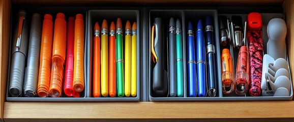 Colorful stationary organized in drawer