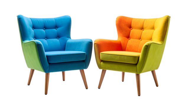 Charming pair of modern armchairs in vibrant colors against a sleek space for refined living isolated on solid white background Png form