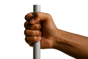 A strong male hand, with a deep skin tone, gripping a metallic pole tightly, showcasing strength and determination.