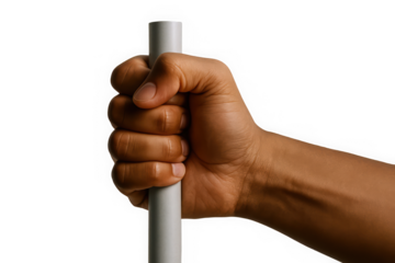 A strong male hand, with a deep skin tone, gripping a metallic pole tightly, showcasing strength and determination.