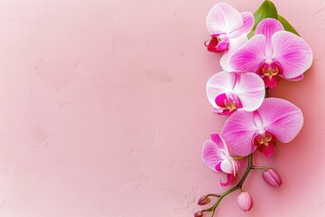Elegant Pink Orchid Floral Flat Lay on Textured Background with Copyspace