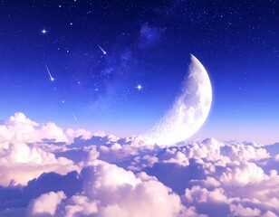 A mystical night sky above fluffy clouds