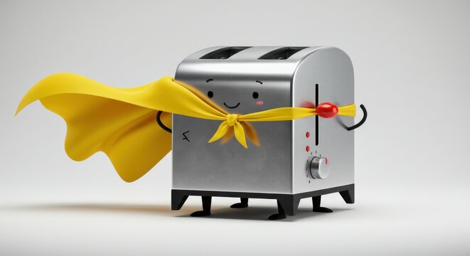 Whimsical superhero toaster with cape poised for breakfast time adventures with a smile