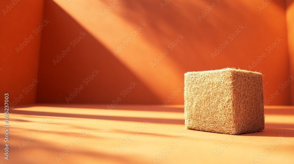 Poster brown cube placed in sunlight casting shadow on orange background minimal geometric design scene