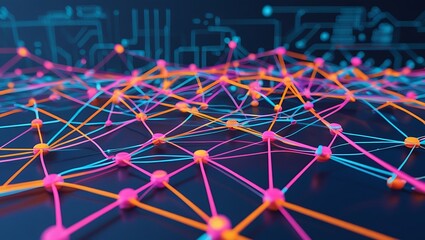 Abstract glowing network of interconnected nodes and lines with vibrant neon colors