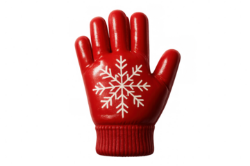 Christmas glove wearing white snowflake pattern, spreading fingers against transparent backdrop, highlighting seasonal festive winter design