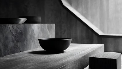 Monochrome asymmetry in decor using dark clay shadow and light wood