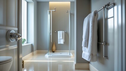 Bright and modern minimalist bathroom interior with a glass shower, freestanding bathtub, and chrome fixtures, filled with natural light