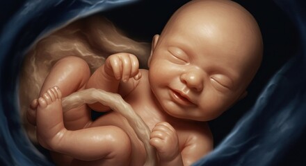A serene illustration of a human fetus comfortably positioned within its amniotic sac