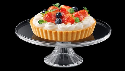 Fruit Tart. A shortbread crust tartlet is topped with creamy white filling, fresh red strawberries, blue blueberries, and green mint leaves on a clear glass stand against a black background