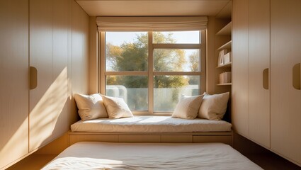 A cozy and sunlit window seat nook with comfortable cushions and pillows, creating a peaceful and relaxing spot for reading in a modern home