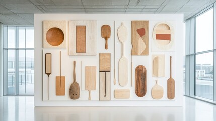 Collection of wooden utensils on a wall