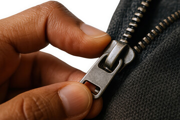 Close-up of a hand adjusting a metallic zipper on dark fabric, highlighting textures and details with a focus on craftsmanship.